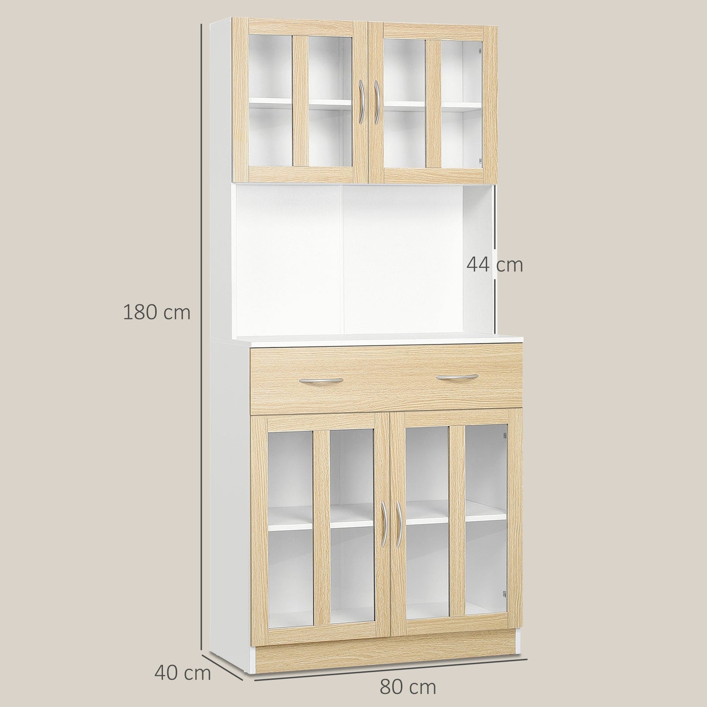 HOMCOM Modern Kitchen Cupboard, Freestanding Storage Cabinet Hutch with Central Drawer, 2 Glass Door Cabinets and Countertop, 180cm