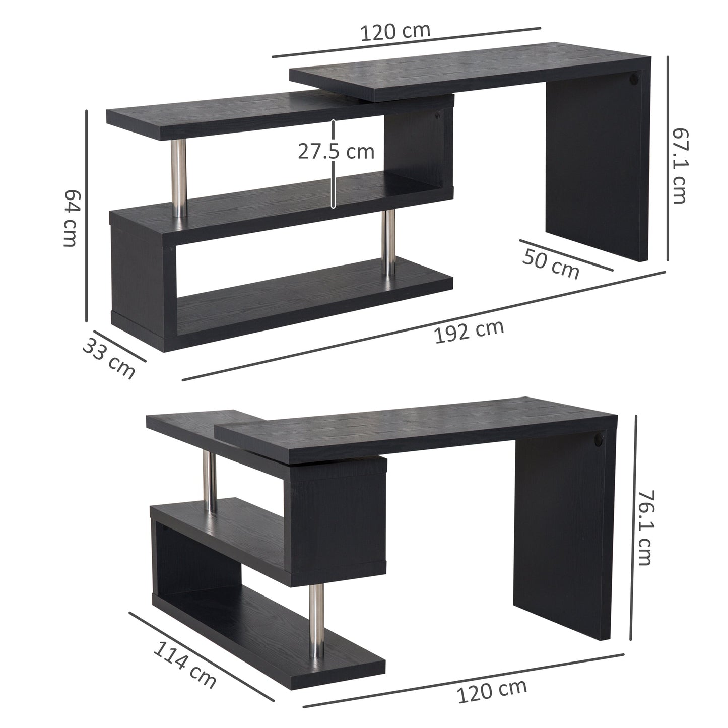 HOMCOM L Shaped Desk with 360 degrees Rotating Storage Shelves, Corner Computer Desk, Space Saving Study Table for Home Office, Black
