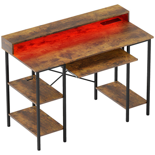 HOMCOM Computer Desk with LED Lights and Power Outlets, 120 x 55 cm Gaming Desk with Monitor Stand, Sliding Keyboard Tray and Storage Shelves for Home Office, Rustic Brown