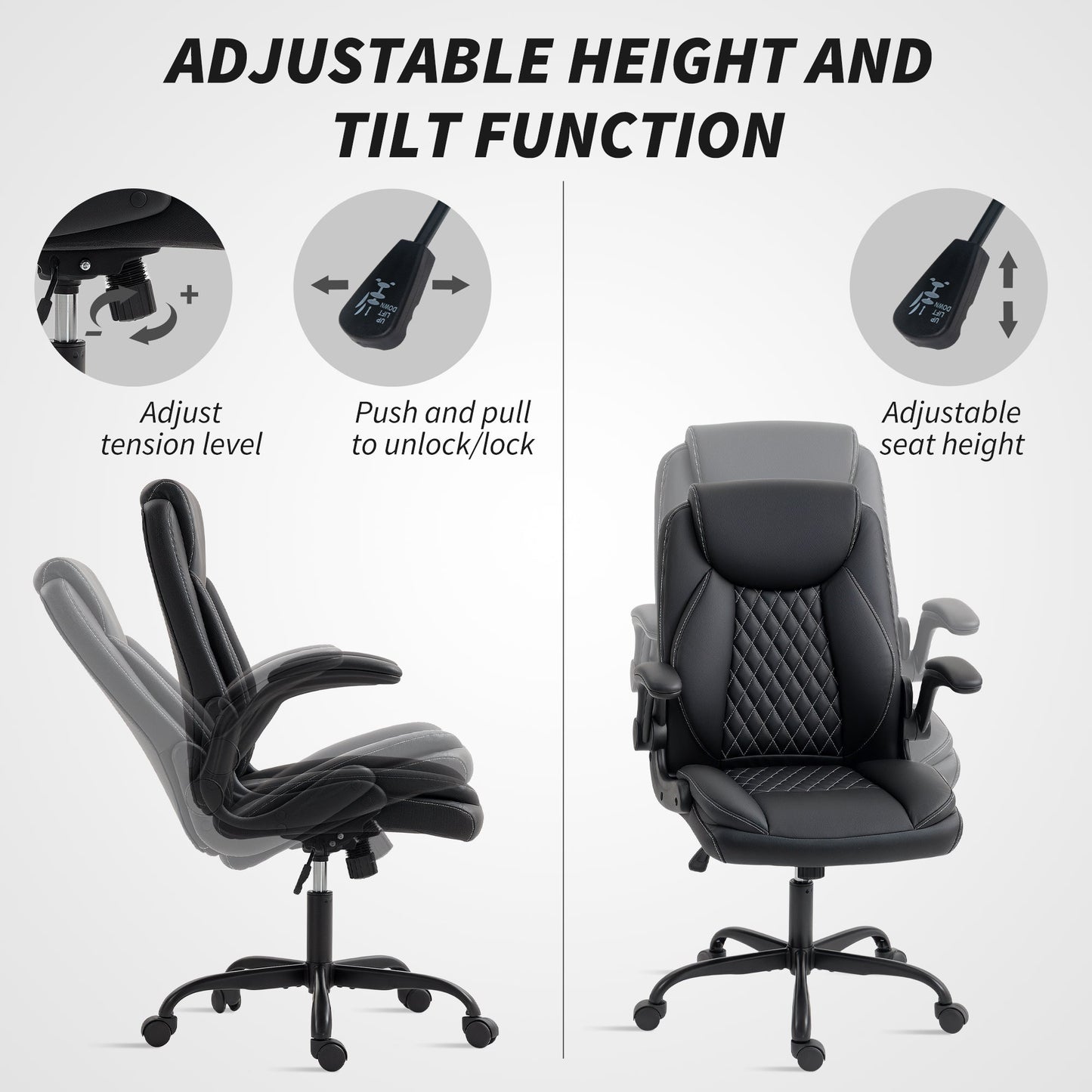 HOMCOM Faux Leather Office Chair. with Flip-Up Armrests - Black