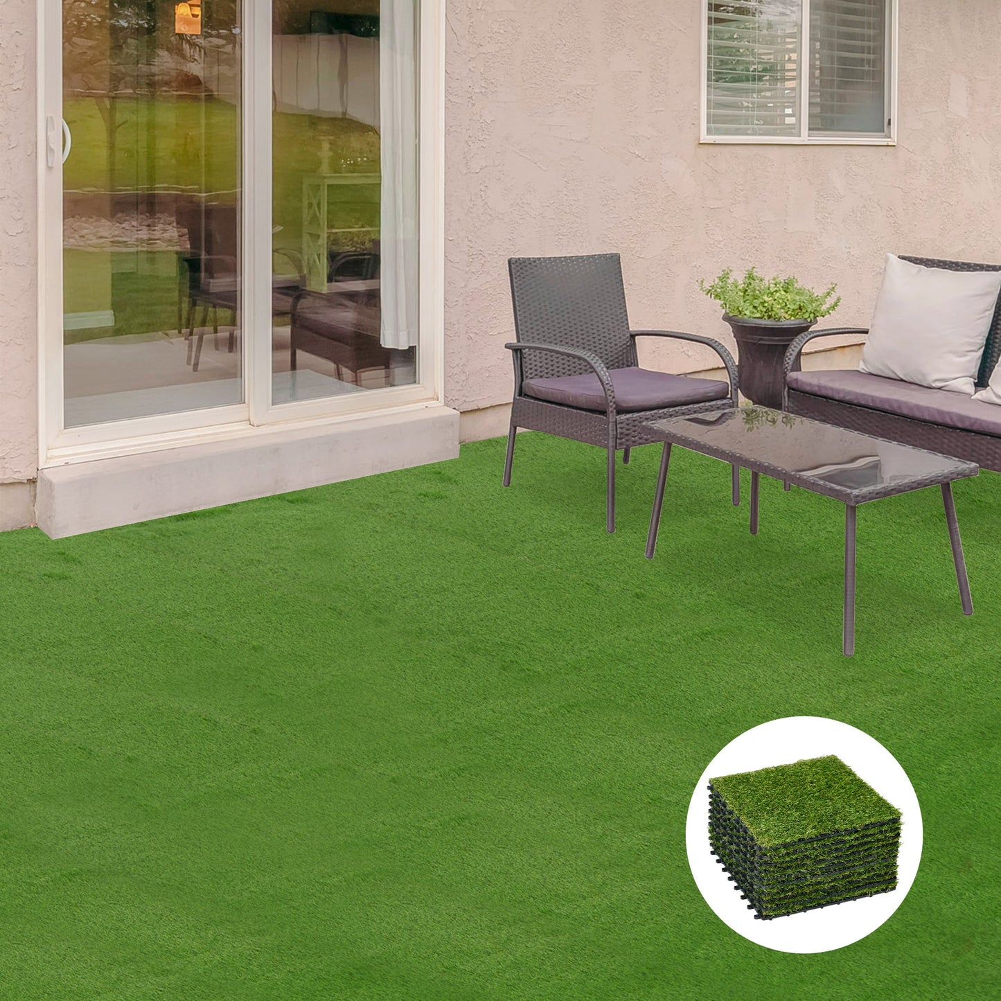 Outsunny 10-Piece Artificial Grass Set, Weatherproof Turf Tiles, 25mm Pile Height, Outdoor Carpet for Garden, Balcony & Patio, 30 x 30cm, Dark Green