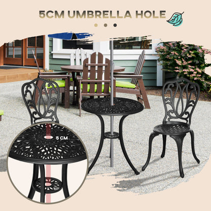 Outsunny 3-częściowy zestaw ogrodowy Bistro, zestaw mebli ogrodowych z odlewu aluminiowego z otworem na parasol na balkon, werandę, patio, czarny