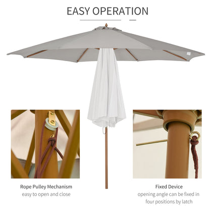 Outsunny 3m Fir Wooden Garden Parasol Bamboo Sun Shade Patio Outdoor Umbrella Canopy, Grey