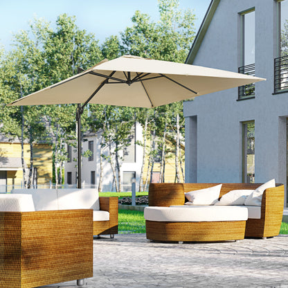 Outsunny 2,7 ​​x 2,7 m Parasol wysięgnikowy, kwadratowy parasol z podstawą krzyżową, korbką, nachyleniem, obrotem 360√Ç¬∞ i aluminiową ramą, kremowo-biały