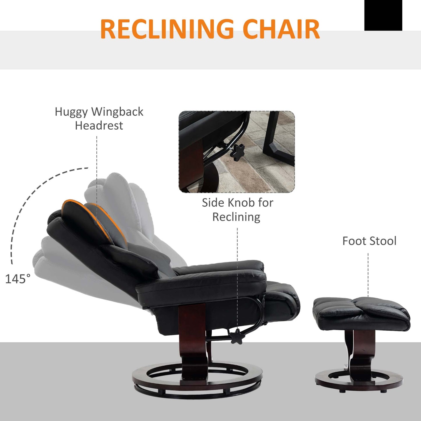 HOMCOM 360Â° Swivel Recliner Chair with Footstool, PU Leather Manual Recliner Armchair with Footstool, Solid Wood Base, Upholstered Reclining Chair for Living Room, Bedroom, Office, Black