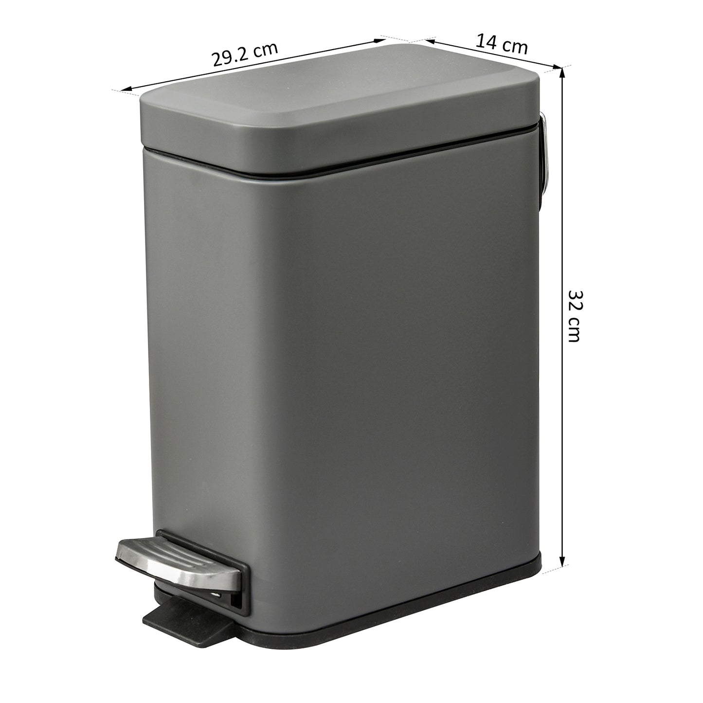 HOMCOM 5L Rectangular Compact Bin Steel Body Removable Bucket Quiet-Close Lid w/ Pedal Lid Rubbish Trash Can Home Office Bedroom Bathroom Living Room Garbage Tidy Clean Grey