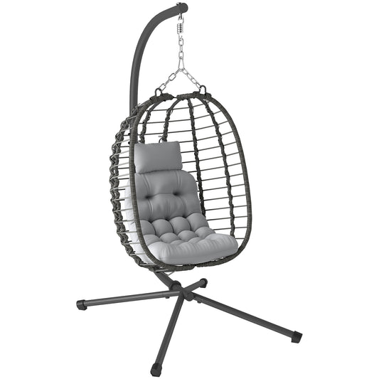 Outsunny Rattan Wiszący Fotel Jajko, Składany Wiklinowy Fotel Hamakowy z Poduszką, Stojak, Regulowana Wysokość, Poduszka Zagłówka, Stalowa Rama Do Ogrodu Patio Wewnątrz Na Zewnątrz, Jasnoszary
