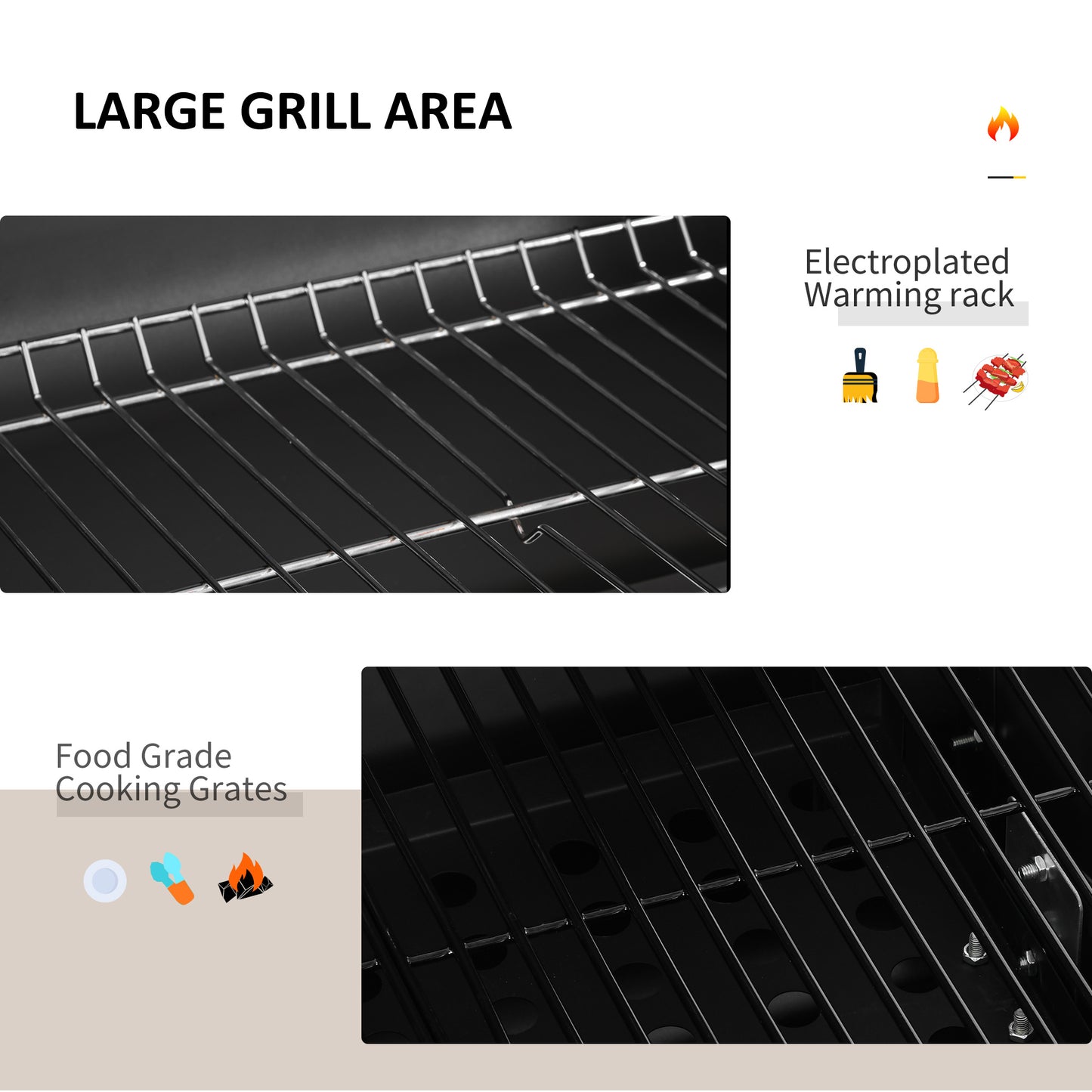 Wózek do grilla Outsunny Charcoal Grill z regulowanym rusztem węglowym, ogrodowy metalowy grill wędzarniczy z półką, stolikiem bocznym, kółkami, wbudowanym termometrem, otwieraczem do butelek