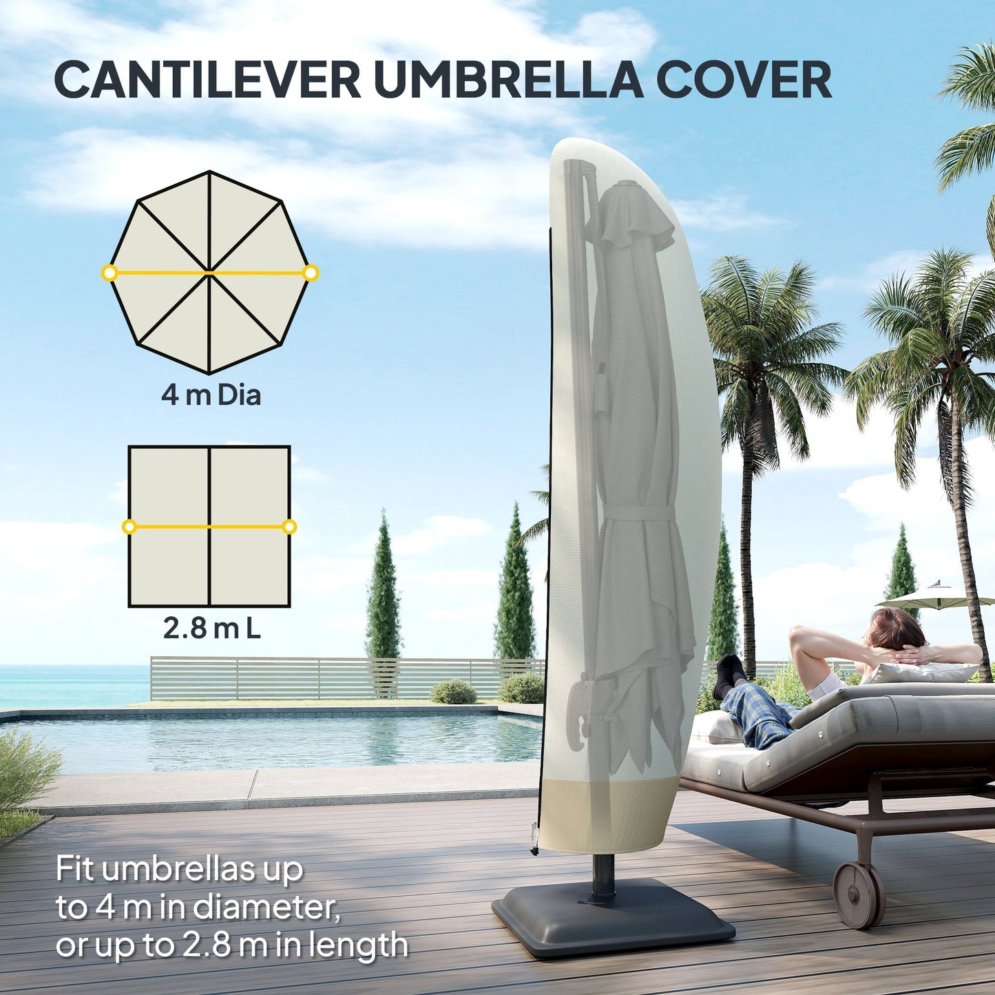 Outsunny Parasol Cover, 600D Oxford Cantilever Umbrella Cover Fit for 2-4m Parasol, Banana Umbrella Protector with Zipper for Outdoor Garden, Patio, White