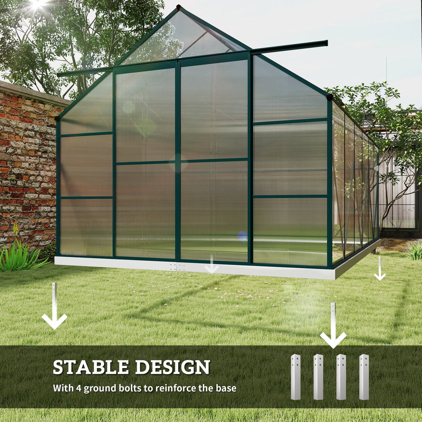 Outsunny 8 x 12ft Aluminium Greenhouse Polycarbonate Walk-in Garden Greenhouse Kit with Adjustable Roof Vent, Double Sliding Door, Rain Gutter and Foundation, Clear