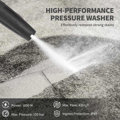 Outsunny 1800W High√Ç Pressure√Ç Washer, 150 Bar Pressure, 420 L/h Flow, Portable Power Washer Jet Wash Cleaner with Adjustable Nozzle, 6M Hose, Steel Handle for Home Patio Car Driveway, Blue