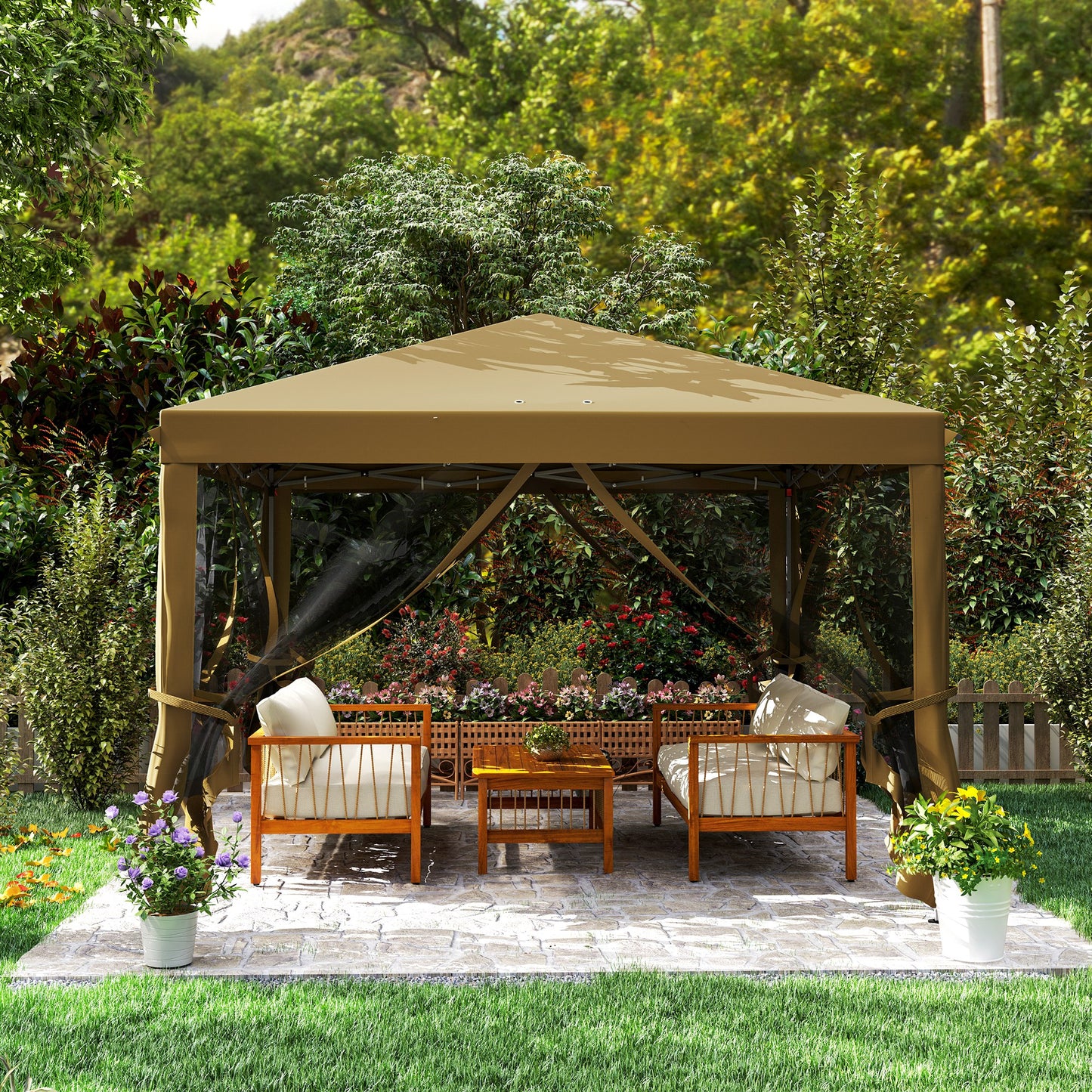 Outsunny 3 x 3√Ç m Pop Up Gazebo, 420D Garden Tent Canopy with Removable Mesh Sidewall Netting, Carry Bag for Garden Patio Outdoor, Khaki