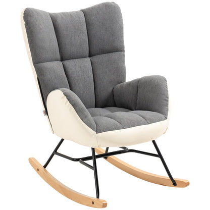 Rocking Chair for Nursery, Upholstered Wingback Armchair with Steel and Wood Legs for Living Room, Bedroom, Balcony, Grey and Cream