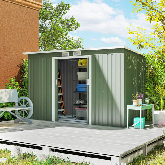 Outsunny 9ft x 4ft Metal Garden Shed, Outdoor Tool House with Foundation Kit, Ventilations and Double Doors, Light Green
