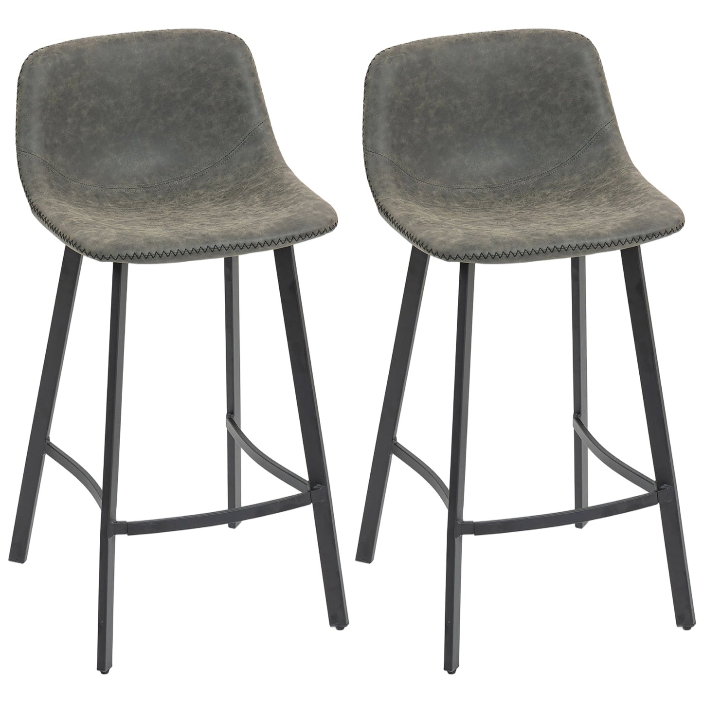 HOMCOM Bar Stools Set of 2, PU Leather Dining Stools with Backrest, Footrest, for Kitchen, Counter, Breakfast Bar, Grey