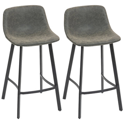 HOMCOM Bar Stools Set of 2, PU Leather Dining Stools with Backrest, Footrest, for Kitchen, Counter, Breakfast Bar, Grey