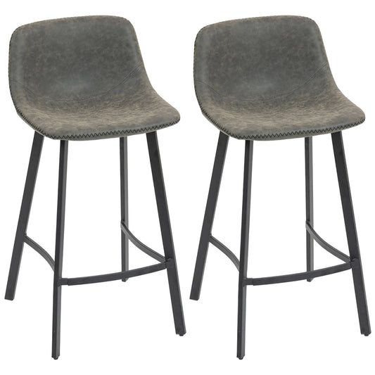 HOMCOM Bar Stools Set of 2, PU Leather Dining Stools with Backrest, Footrest, for Kitchen, Counter, Breakfast Bar, Grey