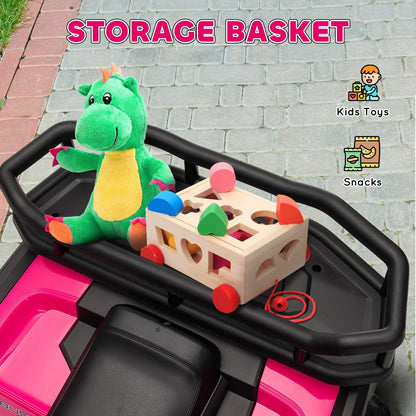 AIYAPLAY 12V Kids Electric Ride on ATV, Battery-Powered Quad Bike w/ Spring Suspension, Forward Backward, Storage Basket, Pink