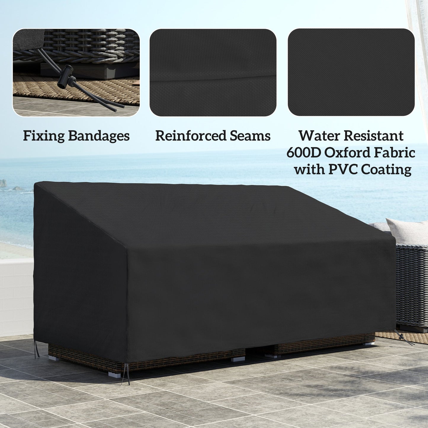 Outsunny 600D Oxford Cloth Garden Furniture Cover Waterproof, 3 Seater Sofa Protector for Patio, Outdoor, Black, 218 x 111 x 63-101 cm