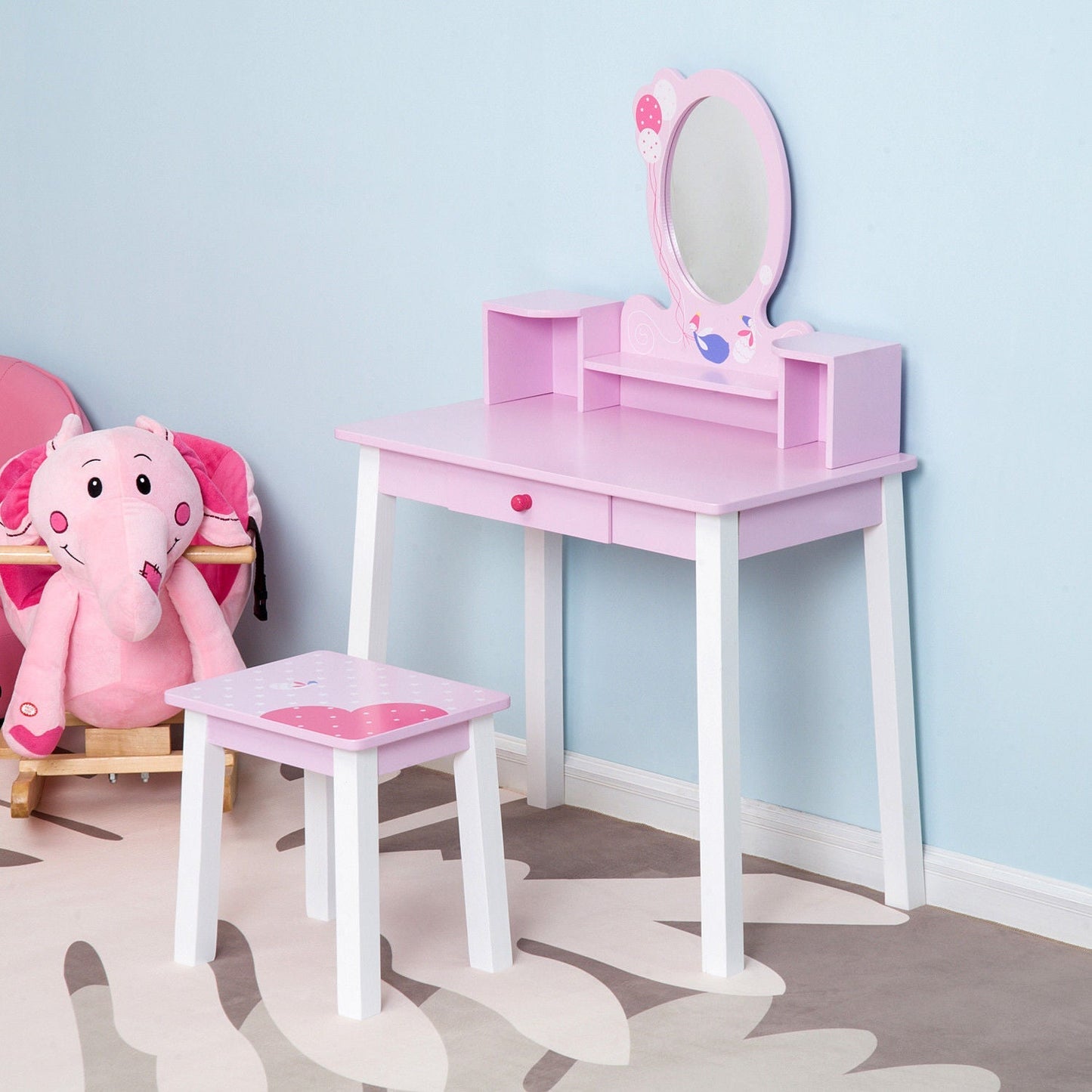 2 Piece Kids Wooden Dressing Table and Stool Girls Vanity Table Makeup Table Set with Mirror Drawers Role Play for Toddlers 3 Year+, Pink White