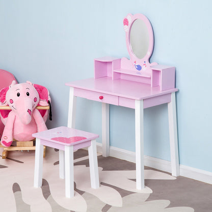 2 Piece Kids Wooden Dressing Table and Stool Girls Vanity Table Makeup Table Set with Mirror Drawers Role Play for Toddlers 3 Year+, Pink White