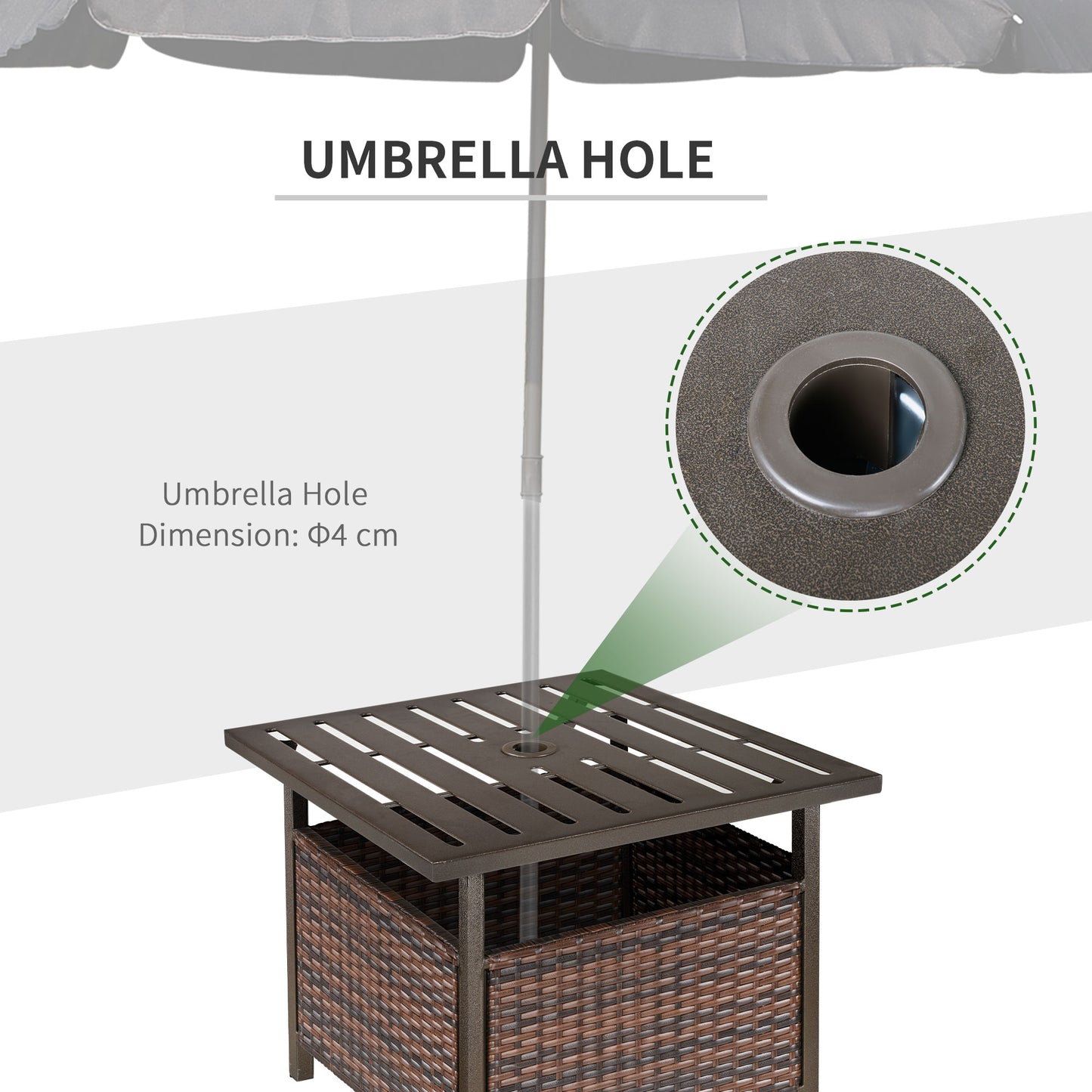 Outsunny Rattan Garden Coffee Table, 55.5 cm Square Wicker Patio Side Coffee Table with 4 cm Umbrella Hole, Metal Bottom and Slatted Top for Outdoor, Balcony, Brown