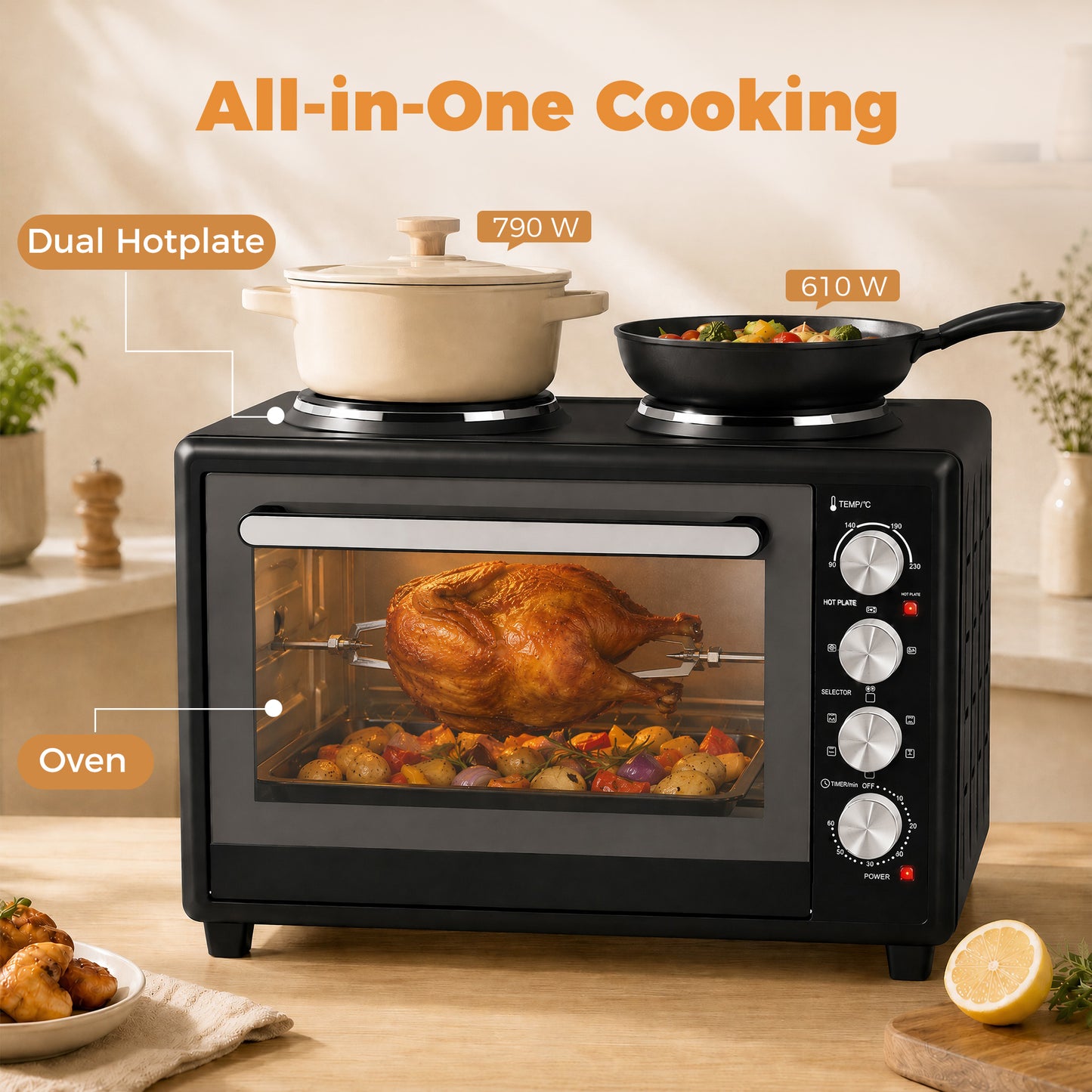 HOMCOM 46L Mini Oven with Dual Hot Plates, Electric Countertop Cooker with Convection, 90-230°C Adjustable Temperature