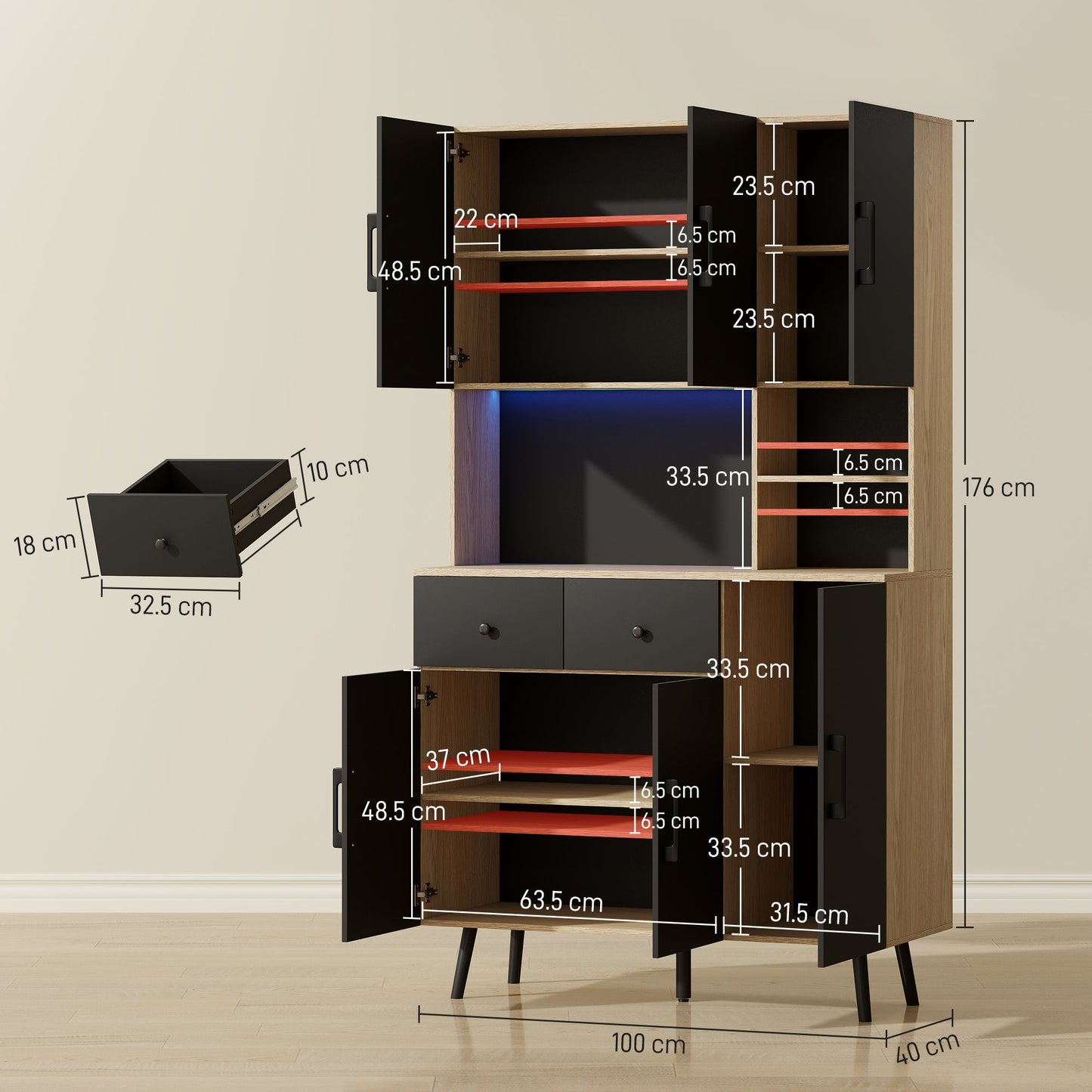 HOMCOM 176 cm Kitchen Cupboard with LED Lights - Oak and Black
