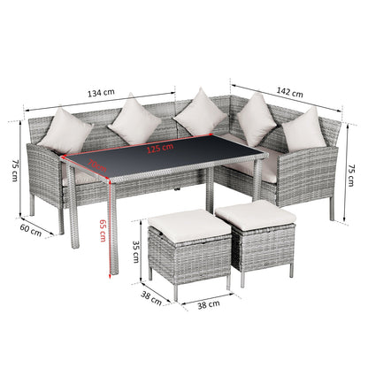 Outsunny 6-Seater Garden Outdoor Patio Rattan Corner Dining Set Wicker Sofa, Foot Stool, Dining Table with White Cushions, Mixed Grey