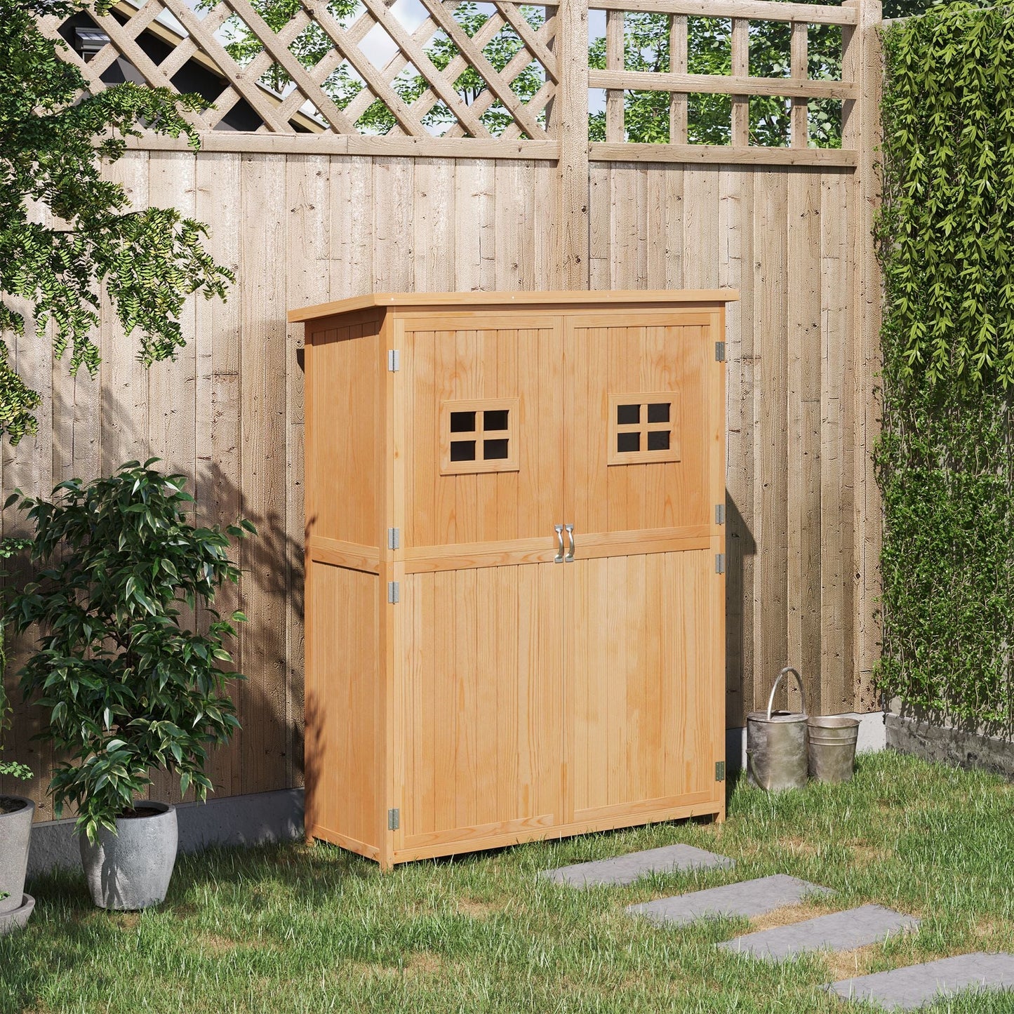 Outsunny Wooden Garden Storage Shed Tool Cabinet Organiser with Shelves, Two Windows, 127.5 x 50 x 164 cm, Natural