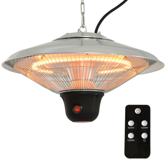 1500W Patio Heater Outdoor Ceiling Mounted Aluminium Halogen Electric Hanging Heating Light with Remote Control and 3 Heat Settings, Silver