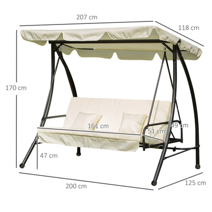 Outsunny 3 Seater Swing Chair 2-in-1 Hammock Bed Patio Garden Chair with Adjustable Canopy and Cushions, Cream White