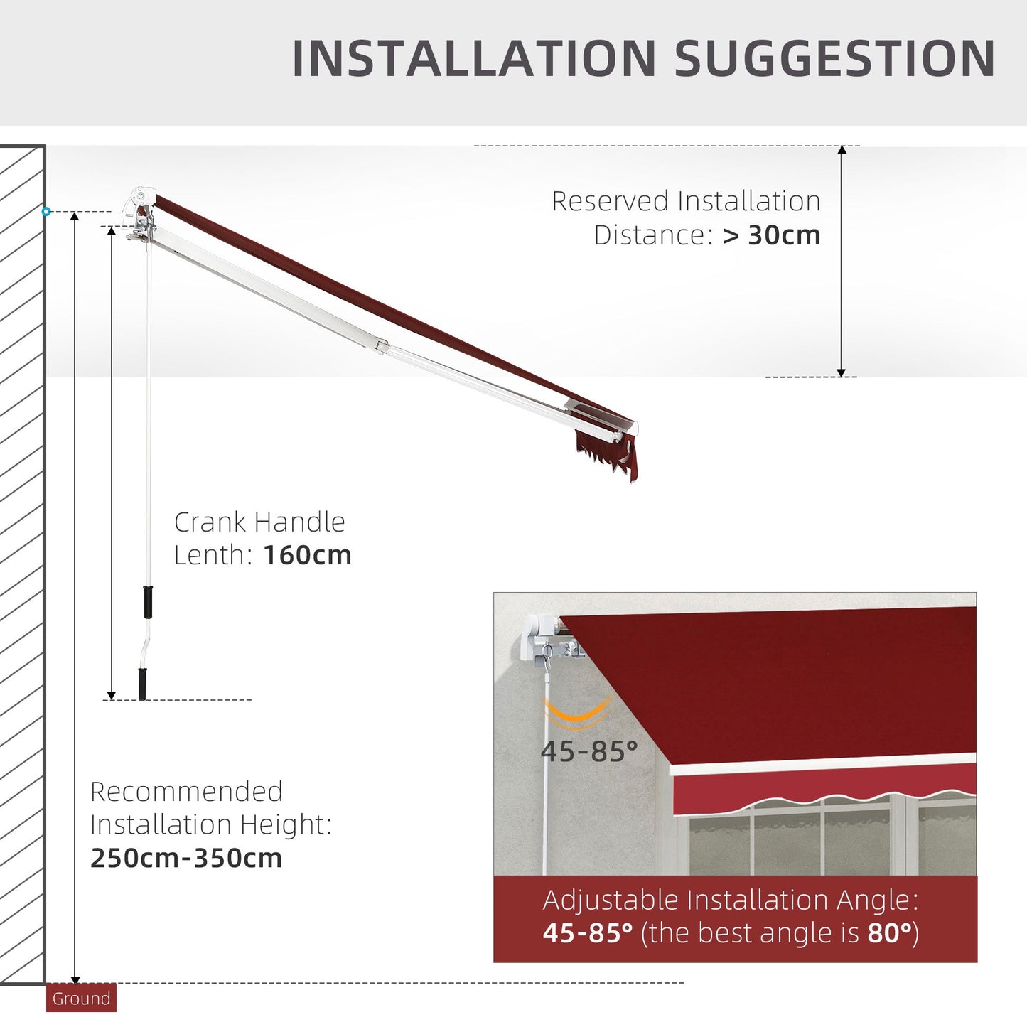 Outsunny Garden Patio Manual Retractable Sun Shade Patio Awning Outdoor Deck Canopy Shelter, 2.5mx2m (Dark Red)