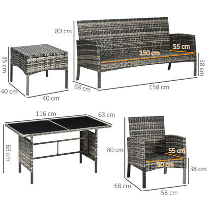 Outsunny 5 Seater Rattan Garden Furniture Set, 2 Armchairs, 3-seater Wicker Sofa, 2 Footstools and Glass Table, 6 Piece Patio Rattan furniture Sofa Sets with Cushions for Conservatory, Grey