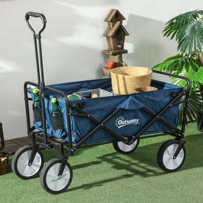 Outsunny Pull Along Cart Folding Cargo Wagon Trailer Trolley for Beach Garden Use with Telescopic Handle - Blue