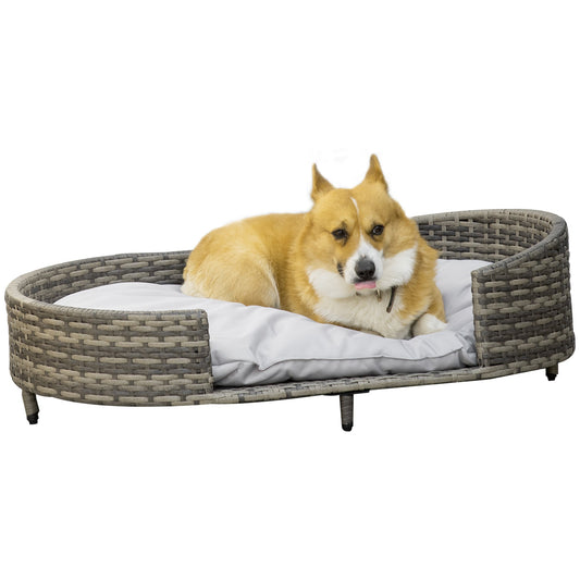 PawHut Wicker Dog Sofa with Soft Water-resistant Cushion, Rattan Cat Bed Raised Pet Bed Hand Woven with Washable Cover Indoor Outdoor Use, for Large Sized Dogs