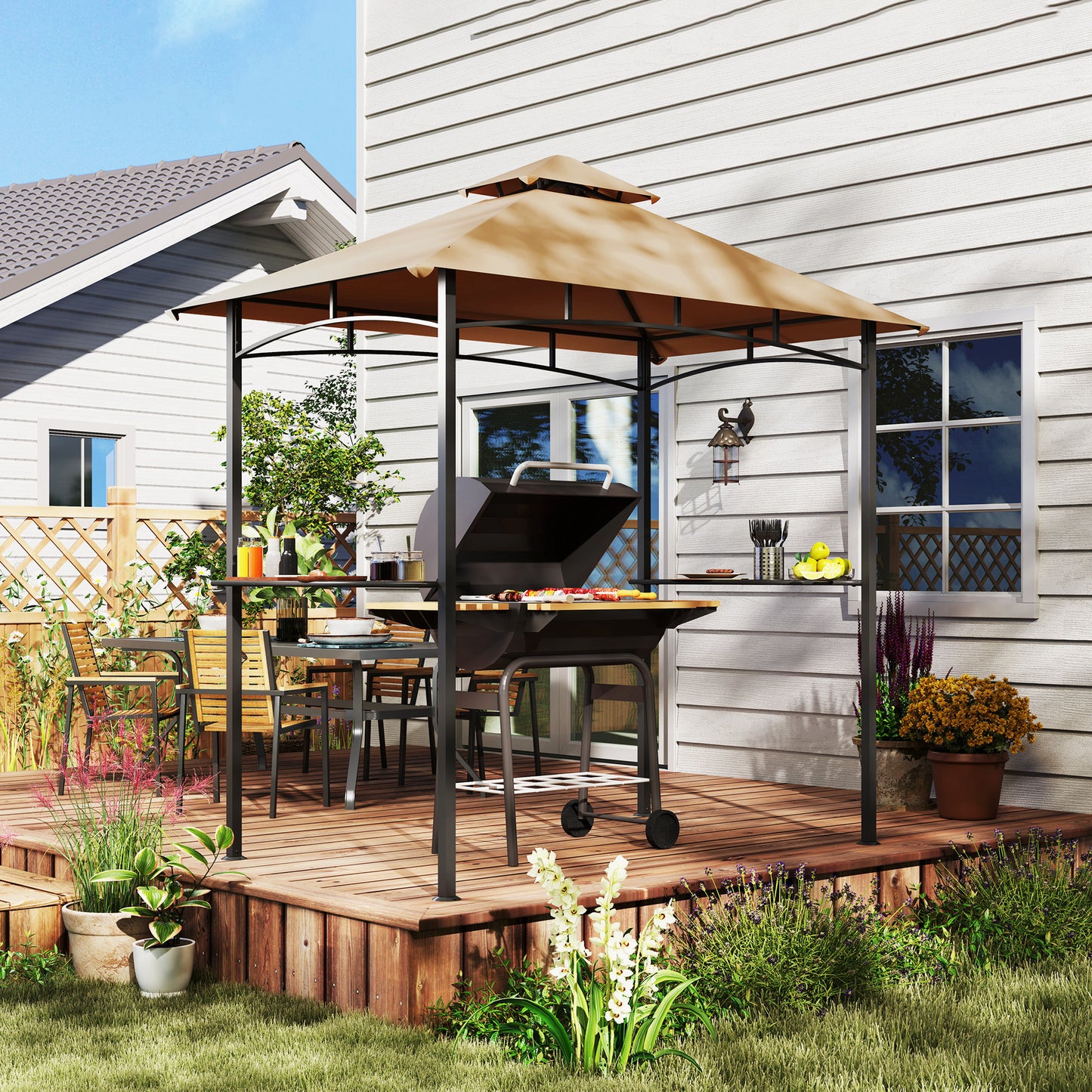 Outsunny 2.5M (8ft) Grill Gazebo Canopy, Double Tiered Outdoor BBQ Gazebo Shelter with 2 Side Shelves for Garden, Patio, Barbecue, Picnic, Khaki