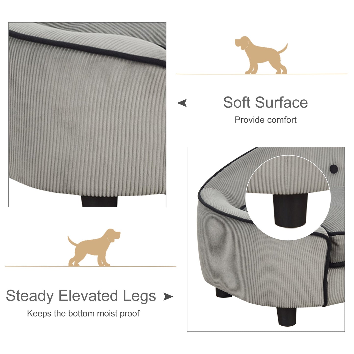 PawHut Dog Sofa for XS and S Size Dogs, Pet Chair Bed with Soft Cushion, Cat Sofa Couch with Washable Cover, Wooden Frame, 66.5 x 45 x 35.5 cm, Grey