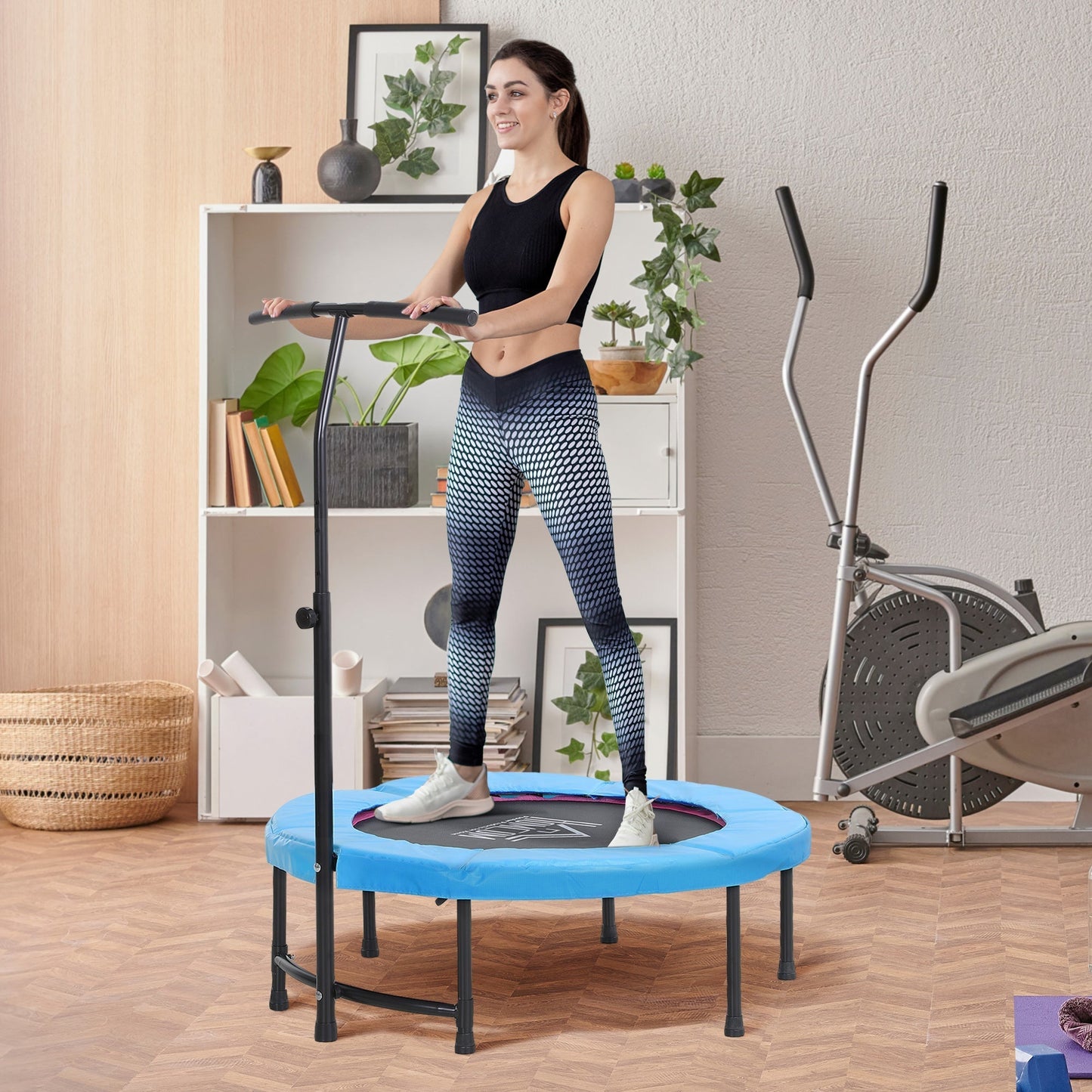 HOMCOM 40" Fitness Trampoline with Adjustable Handle, Rebounder Trampoline, Mini Jumper for Indoor Exercise Workout, Blue