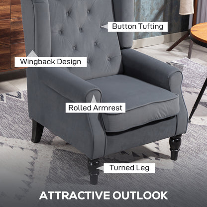 HOMCOM Wingback Accent Chair, Retro Upholstered Button Tufted Occasional Chair for Living Room and Bedroom, Grey