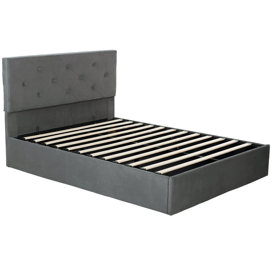 HOMCOM King Size Bed Frame Gas Side Lift Under Bed Storage Upholstered Platform Bed Tufted Headboard for 150 x 200 cm Mattress