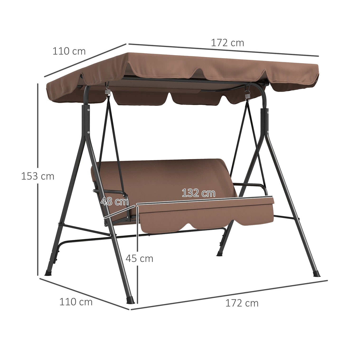 Outsunny 3 Seater Garden Swing Chair, Outdoor Swing Chair with Adjustable Canopy, Mental Frame & Cushions, Brown