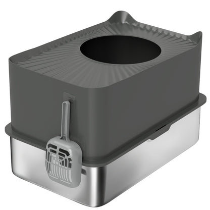 PawHut Stainless Steel Cat Litter Tray, Extra Large Enclosed Litter Box with Scoop, Top Entrance, Non-slip Pads, Dark Grey