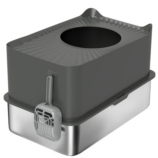 PawHut Stainless Steel Cat Litter Tray, Extra Large Enclosed Litter Box with Scoop, Top Entrance, Non-slip Pads, Dark Grey