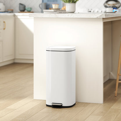 HOMCOM 30L Kitchen Bin, Compact Pedal Bin with Soft-Close and Stay-Open Lid, Removable Bucket for Kitchen, Home, Office, Cream