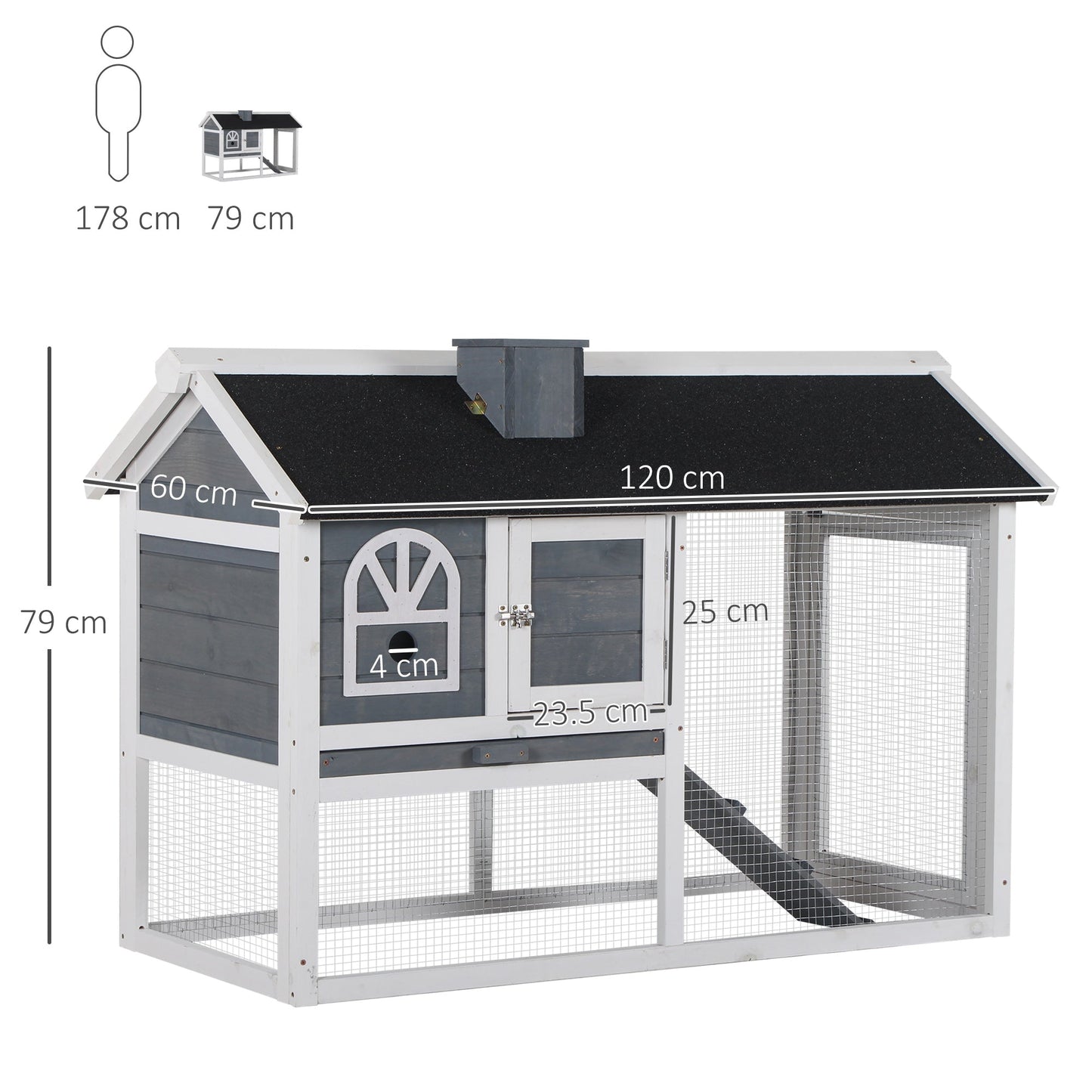 PawHut Wooden Rabbit Hutch and Run with Sliding Tray, Ramp, Water-resistant Roof, for 2-4 Rabbits, Grey
