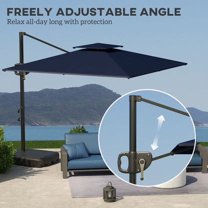 Outsunny Cantilever Parasol with Weighted Base Double Top Garden Parasol Square Hanging Patio Umbrella with Crank Tilt Dark Blue