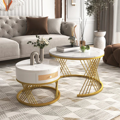 2-in-1 Marble Coffee Table Set with Marble Grain Veneer Top, Rattan Drawers, and Solid Wood Handles, Gold Iron Legs, 70x70x45.5 cm + 50x50x38.5 cm, White+Gold