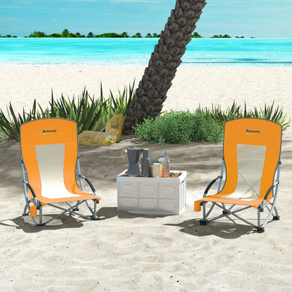 Outsunny Set of 2 Folding Beach Chair, Low Camping Chair with Mesh Back, Carry Bag and Cup Holder for Garden Outdoor Picnic Festival Travel, Orange