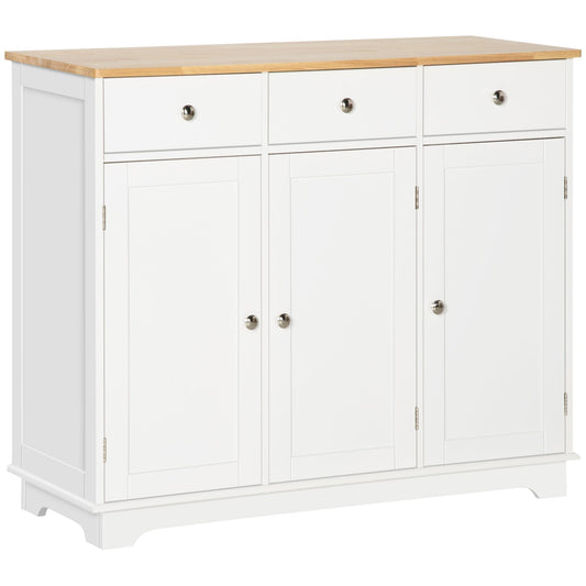 HOMCOM Sideboard with Rubber Wood Top, Modern Storage Cabinet, Kitchen Cupboard with 3 Doors, 3 Drawers and 3 Adjustable Shelves for Dining Room, Living Room, White